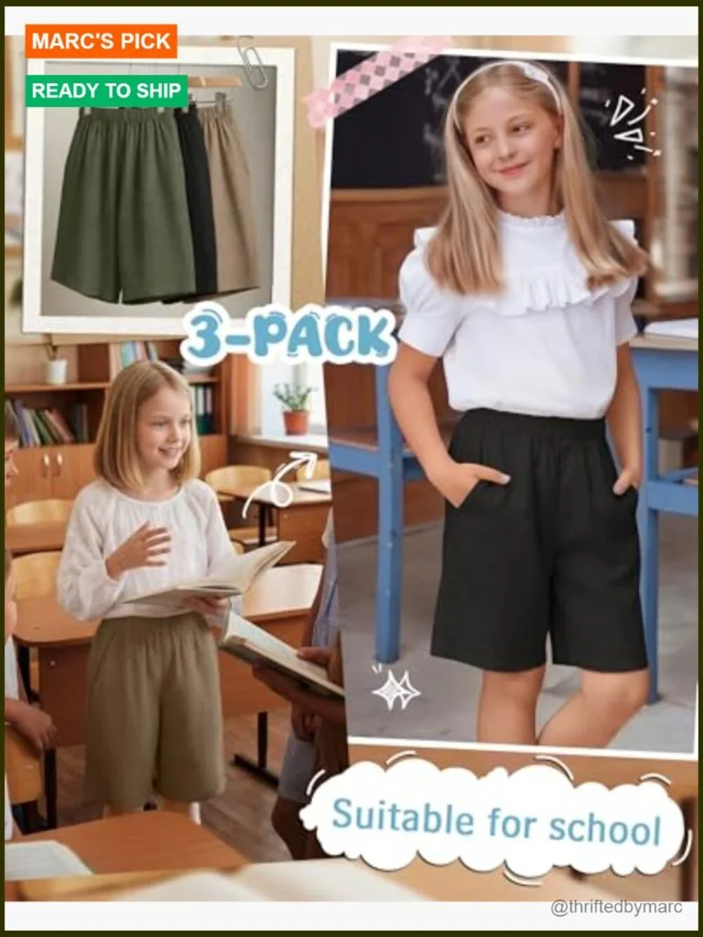 Girls Linen Bermuda Shorts 3 Pack Elastic Waist Knee Length with Pockets